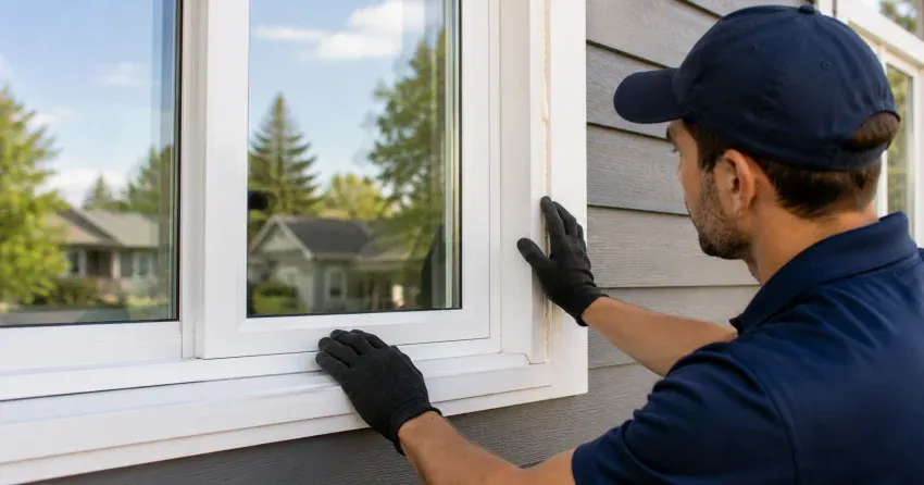 technician comparing full-frame and retrofit window replacement options in Winnipeg