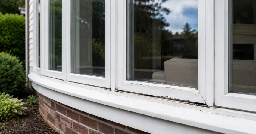 technician inspecting bow window frame and seal for damage in Winnipeg