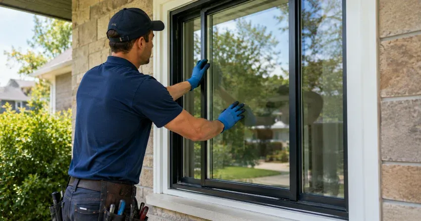 technician measuring a broken window pane for replacement in Radisson, Winnipeg