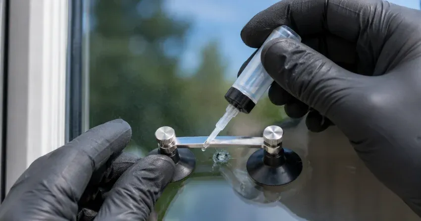 technician performing chipped glass repair on a window in Brooklands, Winnipeg