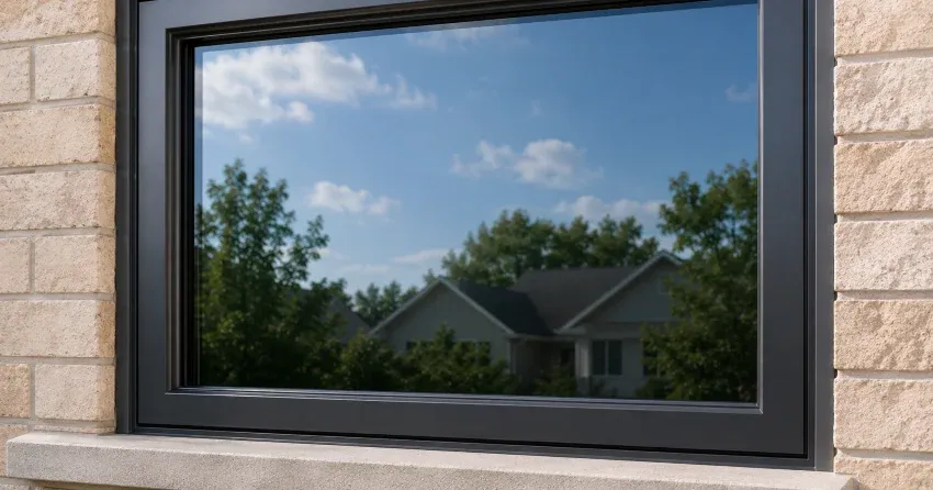 technician installing new tinted glass pane in a window frame