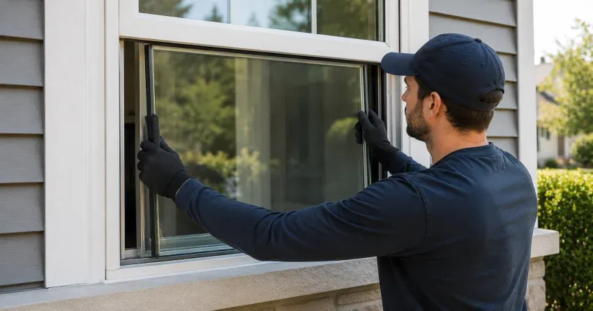 technician boarding up broken window during emergency glass repair Rossmere-A, Winnipeg