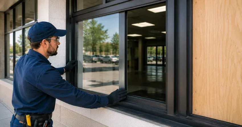 technician boarding a broken window after a break-in in Luxton, Winnipeg