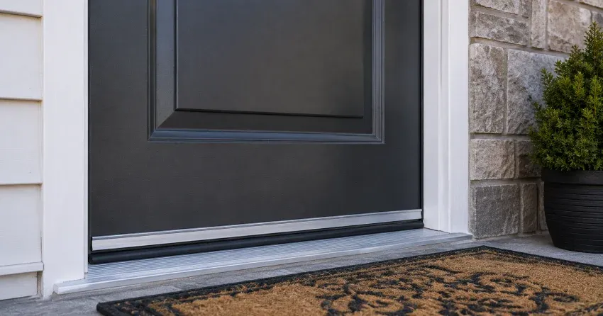 technician replacing worn door weatherstripping in Meadows, Winnipeg home