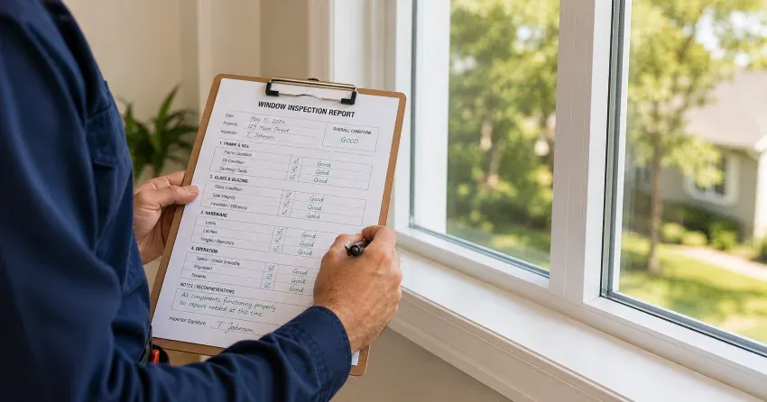 technician inspecting window seal and frame in Winnipeg