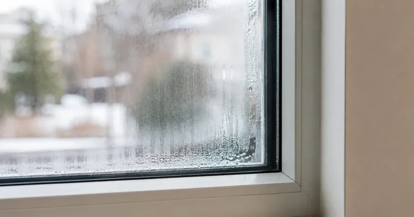 technician inspecting window seal for condensation