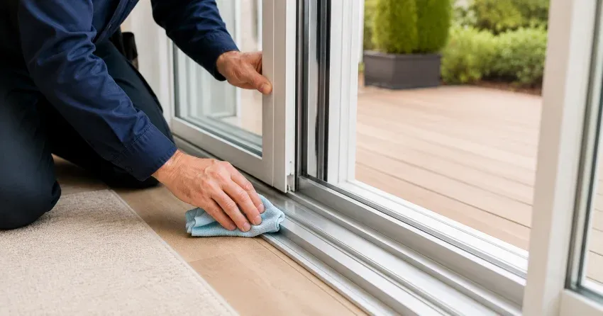technician inspecting a sliding patio door track in Valhalla, Winnipeg