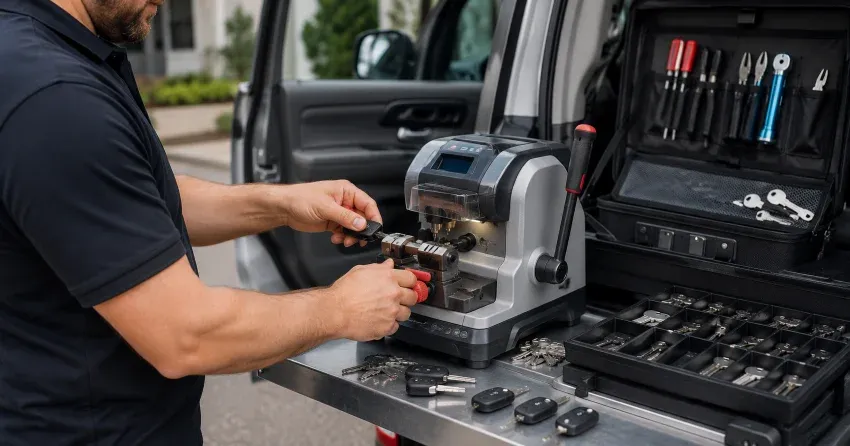 technician cutting a replacement car door lock key in Brooklands, Winnipeg