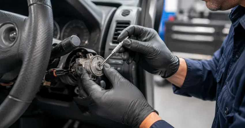 technician diagnosing an ignition lock repair issue in Minto, Winnipeg