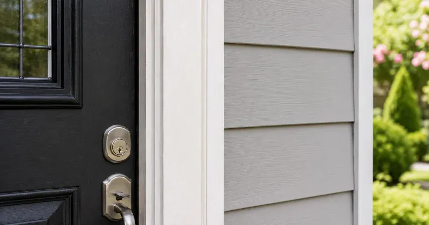 technician inspecting door jamb behind cracked casing in Riverview, Winnipeg home