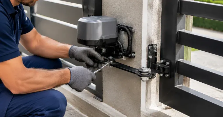technician diagnosing automatic gate motor and control panel in Armstrong Point, Winnipeg