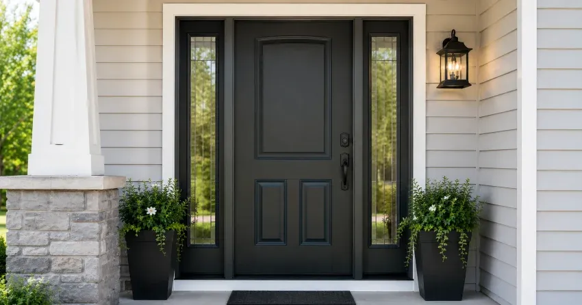 entry door installation technician setting new door frame