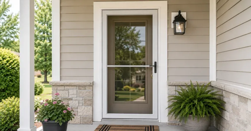 technician hanging storm door square and plumb in Brooklands, Winnipeg
