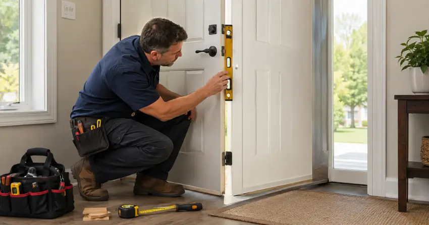 technician diagnosing a misaligned door frame in Riverview, Winnipeg