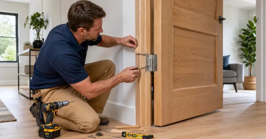 technician adjusting sagging door hinge with shims