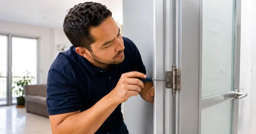 technician adjusting hinge on sticking interior door