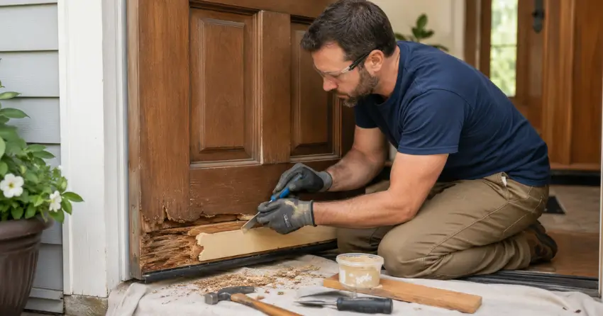 technician repairing rotted wood door rail