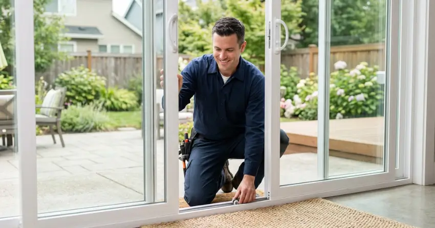 technician diagnosing a sticking patio door in Winnipeg