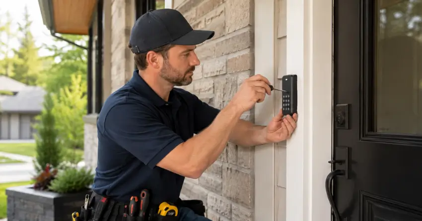 Technician installing an access control system keypad beside a residential front door in Winnipeg