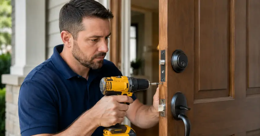 technician installing a new deadbolt during Change Door Lock Meadows, Winnipeg service