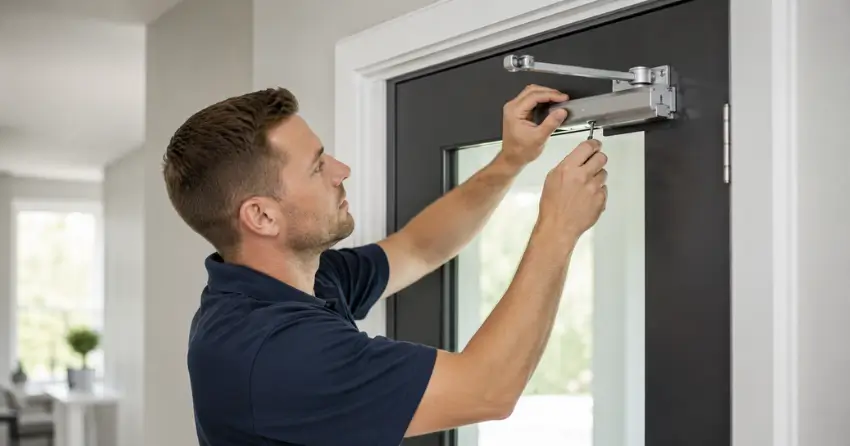 technician adjusting door closer hydraulic valve in Brooklands, Winnipeg home