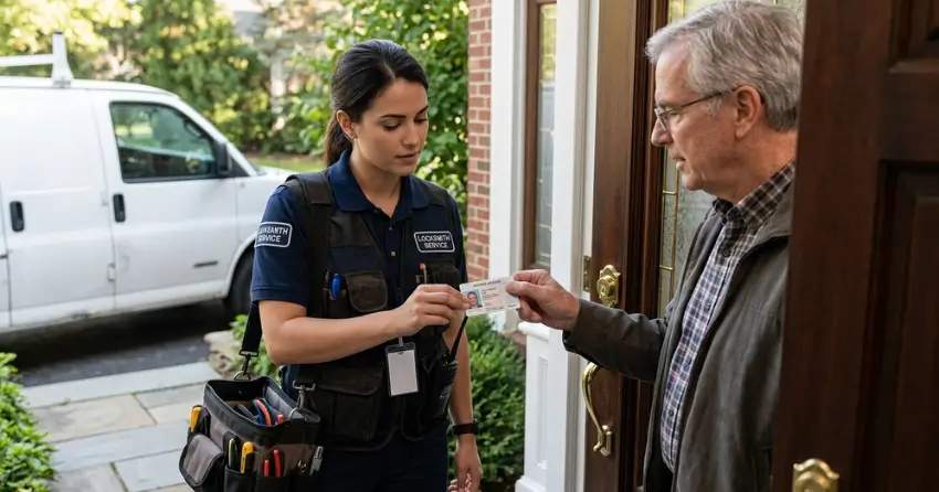 emergency locksmith technician verifying identification before service