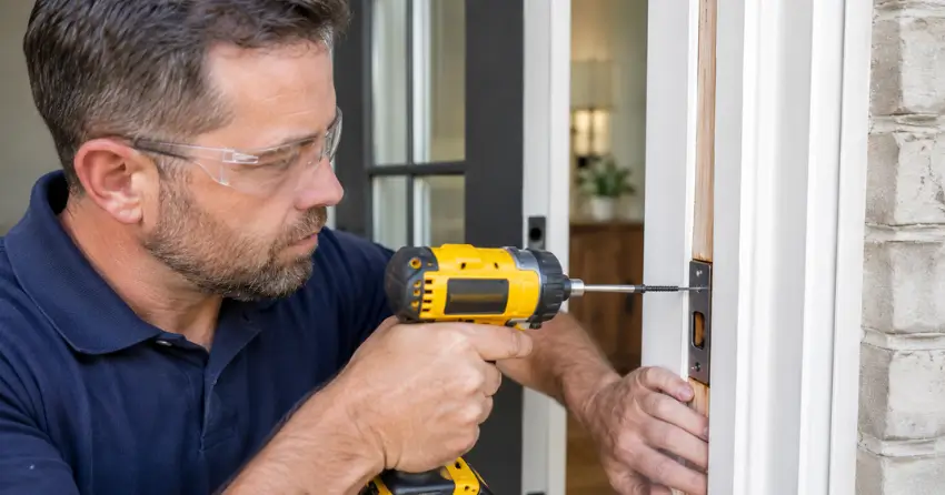 reinforced strike plate installation with long screws anchored into door frame stud