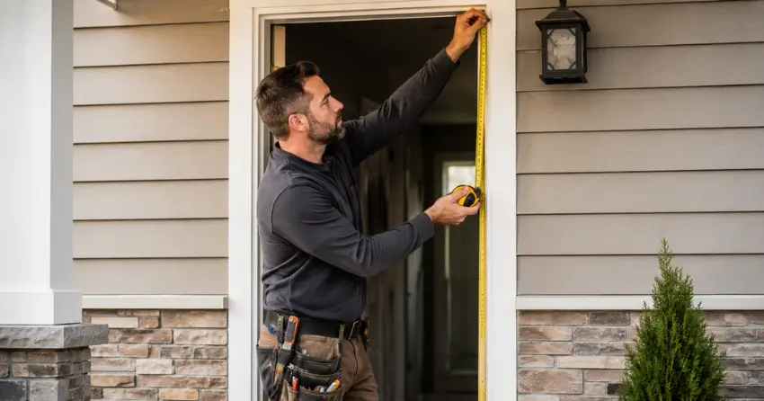 qualified door installer measuring exterior door frame
