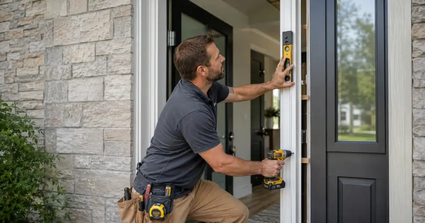 technician installing a new exterior door frame in Winnipeg