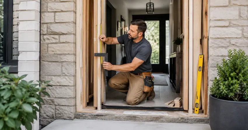 exterior door installer assessing rough opening in Winnipeg