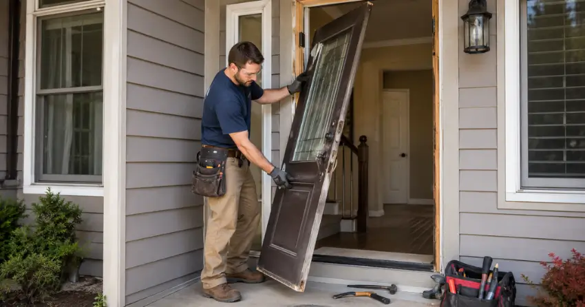 old exterior door being removed for replacement in Booth, Winnipeg