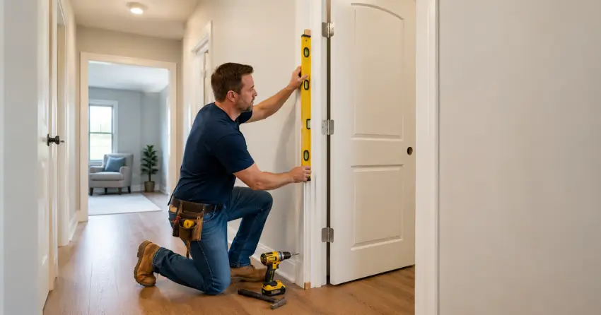 technician installing a pre-hung interior door in a home hallway Burrows Central, Winnipeg