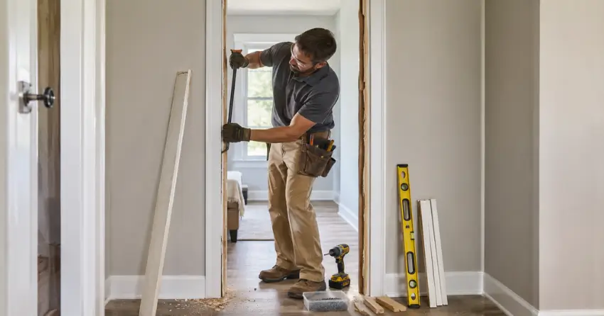 technician removing an old interior door frame during installation Radisson, Winnipeg