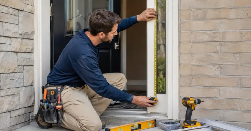 technician measuring door frame before storm door install in Winnipeg