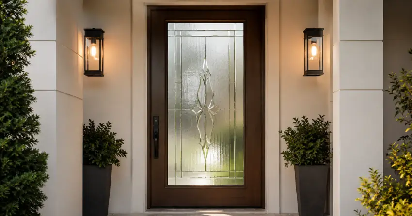 decorative frosted glass panel installed in a front door in Winnipeg