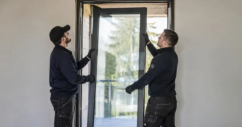 new glass panel being fitted into door frame in Burrows Central, Winnipeg