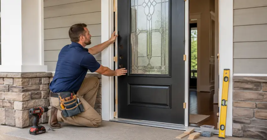 front door with decorative glass panel installation