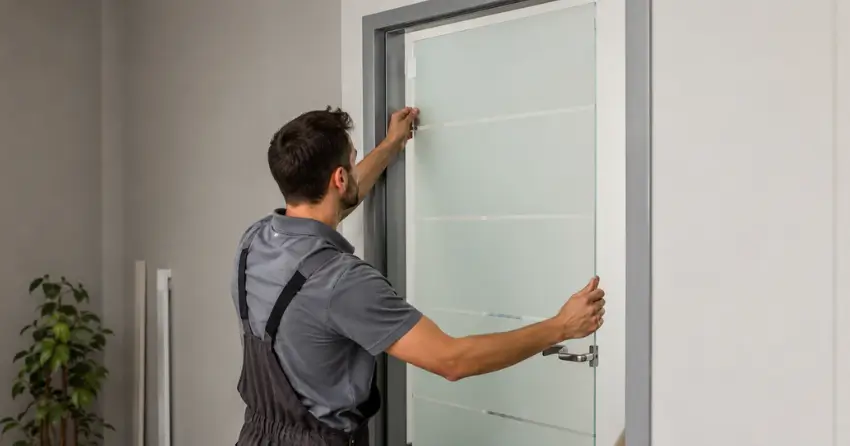 frosted glass interior door panel installation in Radisson, Winnipeg