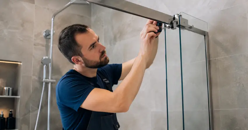 technician adjusting shower door hinge and track in Buffalo, Winnipeg