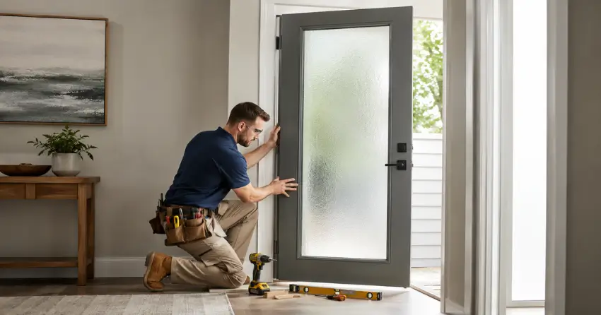 glass panel door installation with frosted privacy glass in residential setting in Booth, Winnipeg