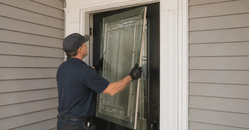frosted door glass panel being replaced in entry door