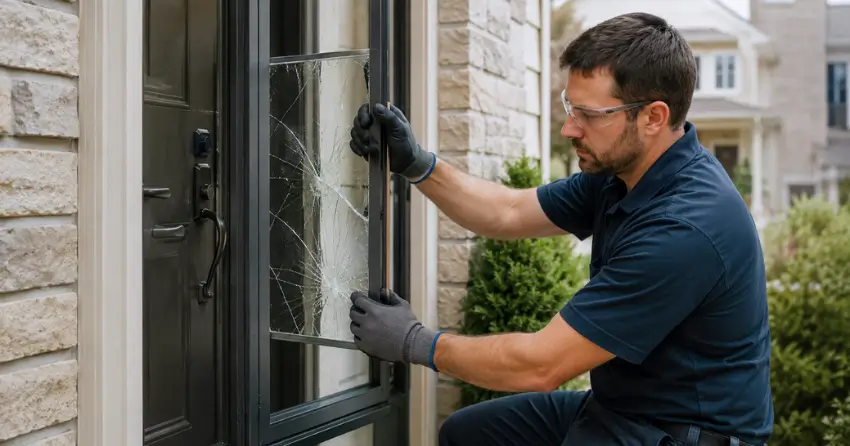 technician removing cracked storm door glass panel in Winnipeg