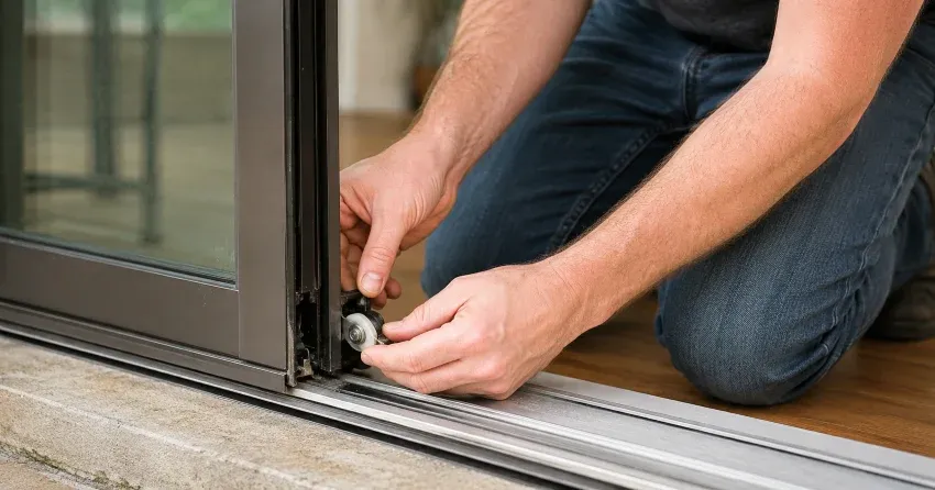 technician installing new patio door screen mesh