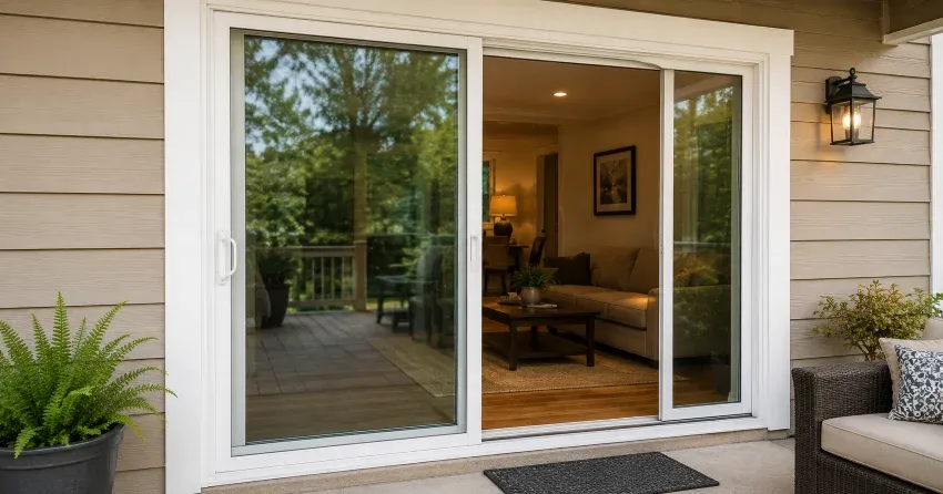 Patio Door Installation technician setting a new frame in Winnipeg