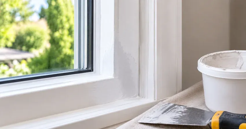 technician repairing rotted window frame corner in J.B. Mitchell, Winnipeg