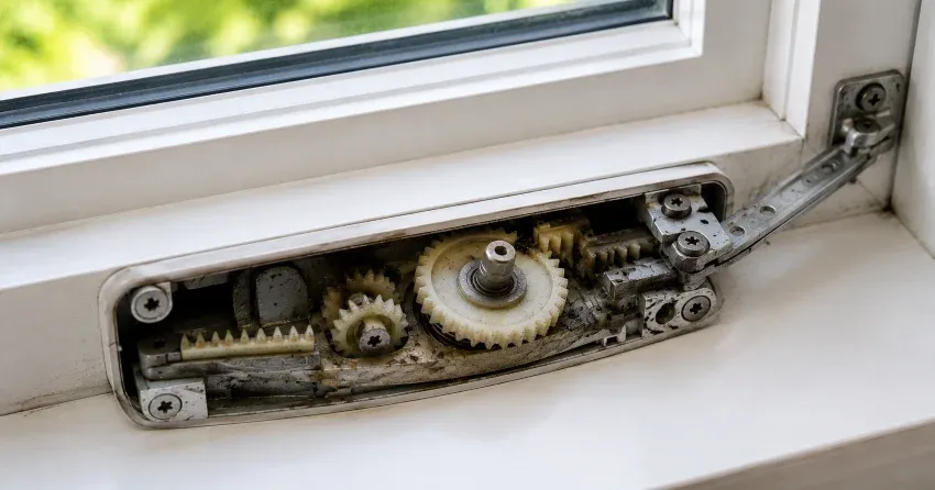 technician replacing casement window crank operator in Valhalla, Winnipeg home
