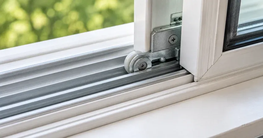 technician cleaning and adjusting window track mechanism