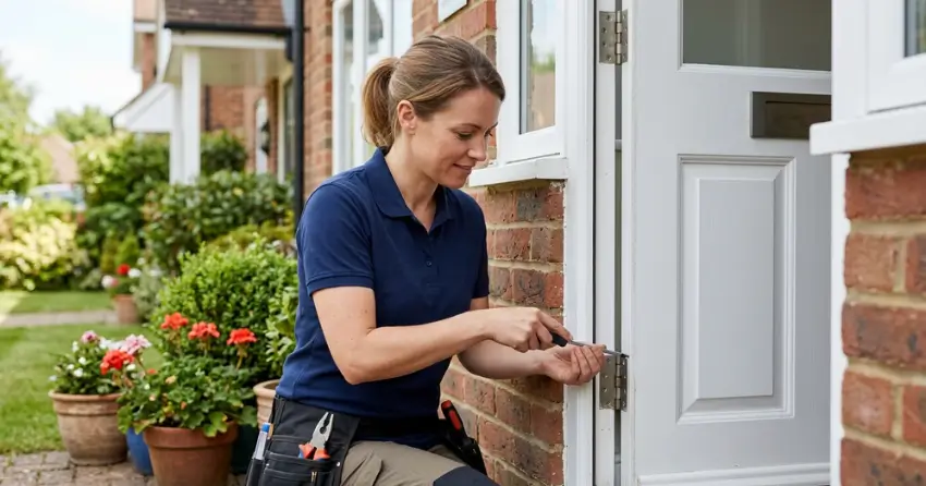 technician repairing exterior door hinge and frame in Riverview, Winnipeg