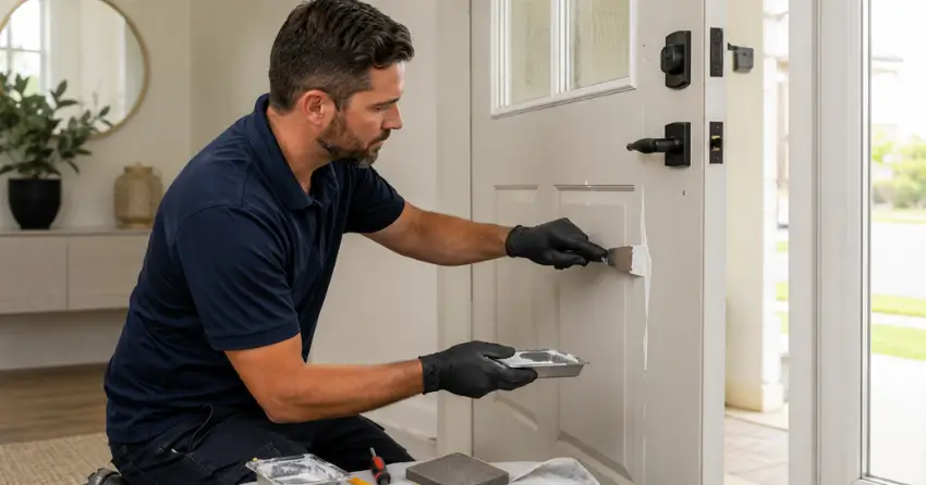 technician repairing fiberglass door surface crack in Assiniboia Downs, Winnipeg