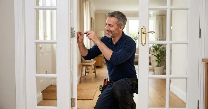 technician adjusting French door hinge for proper alignment in Brooklands, Winnipeg
